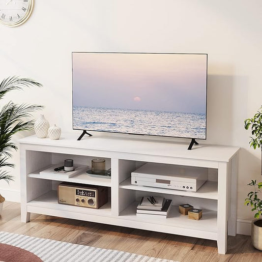 Modern TV Stand for 65 inch TV, White Wood TV Cabinet with 4 Open Storage Shelves, Fits 50-65 Inch TVs, 55 Inches W x 15 Inches D x 22.8 Inches H