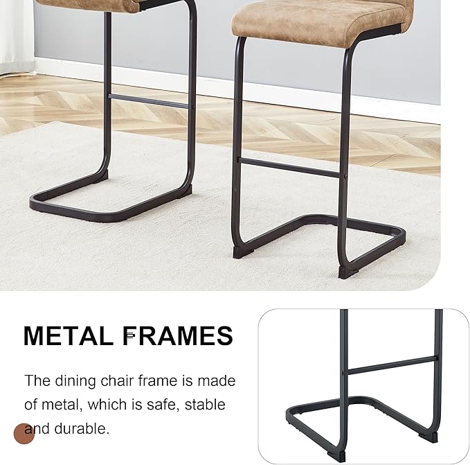 Bar Stools Set of 6, 30" H Counter Height Bar Stools with Footrest, Brown Faux Leather, Black Painted Metal Leg Dining Chair