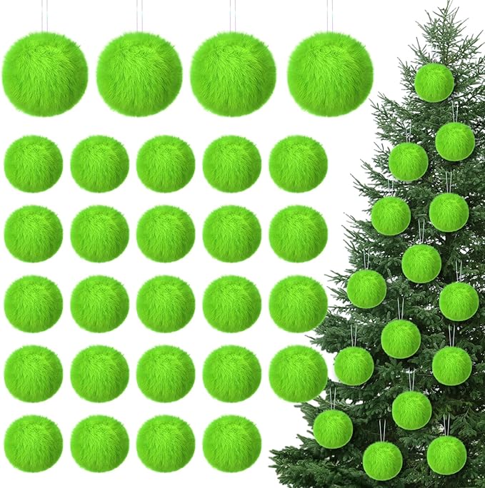 12Pcs Furry Christmas Ball Ornament for Xmas Tree Lime Green Soft Faux Fur Pom Pom Ball Ornaments Christmas Tree Hanging Decorations for Winter Party Home Decor Costume Supplies