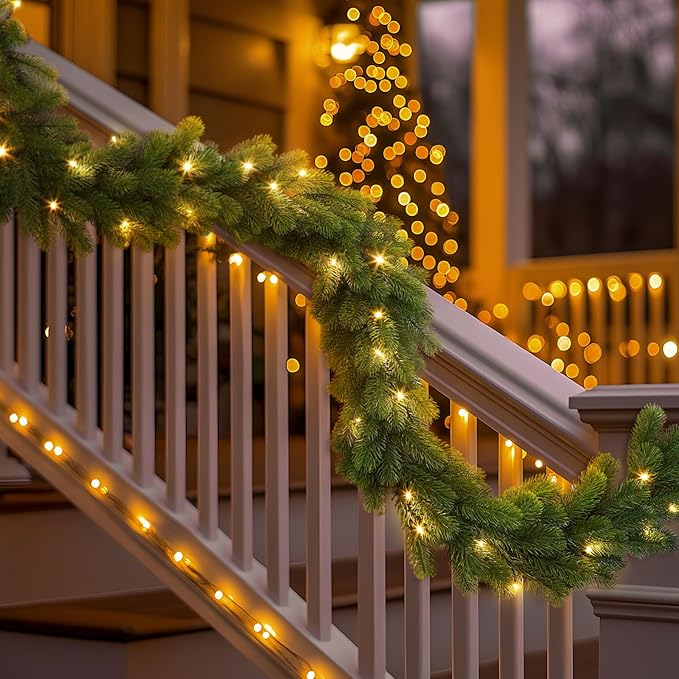 2 guirnaldas de Navidad preiluminadas de 9 pies, Christmas guirnalda de pino Norfolk artificial iluminada con luces multicolor, guirnalda a pilas para manto, escaleras, mesa, chimenea, decoración de Navidad al