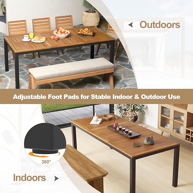 Tangkula 8-Person Outdoor Dining Table, 79 Inch Acacia Wood Patio Table with Umbrella Hole, Metal Legs & Adjustable Foot Pads, Farmhouse Bistro Table for Garden, Poolside & Backyard