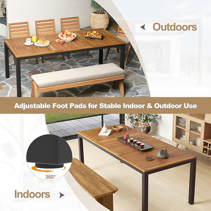 Tangkula 8-Person Outdoor Dining Table, 79 Inch Acacia Wood Patio Table with Umbrella Hole, Metal Legs & Adjustable Foot Pads, Farmhouse Bistro Table for Garden, Poolside & Backyard