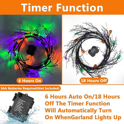 [ 8 Modes & Timer ] 6 Ft 54 LED Halloween Willow Vine Twig Decor Garland with 6 Bats & Pumpkins & Spiders Lights Waterproof Battery Operated Halloween Decorations Home Wall Fireplace Decor