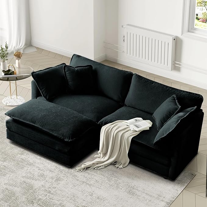 SoarFlash Chenille Sectional Sofa, Comfy L Shaped Modular Coush Sofa with Ottoman, Modern 2 Seat Couch Deep Seat Sofa Set for Living Room,Black