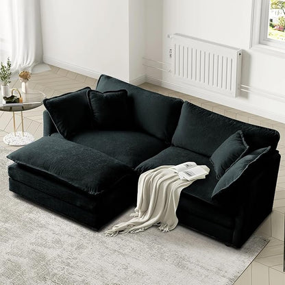 SoarFlash Chenille Sectional Sofa, Comfy L Shaped Modular Coush Sofa with Ottoman, Modern 2 Seat Couch Deep Seat Sofa Set for Living Room,Black