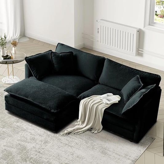 SoarFlash Chenille Sectional Sofa, Comfy L Shaped Modular Coush Sofa with Ottoman, Modern 2 Seat Couch Deep Seat Sofa Set for Living Room,Black