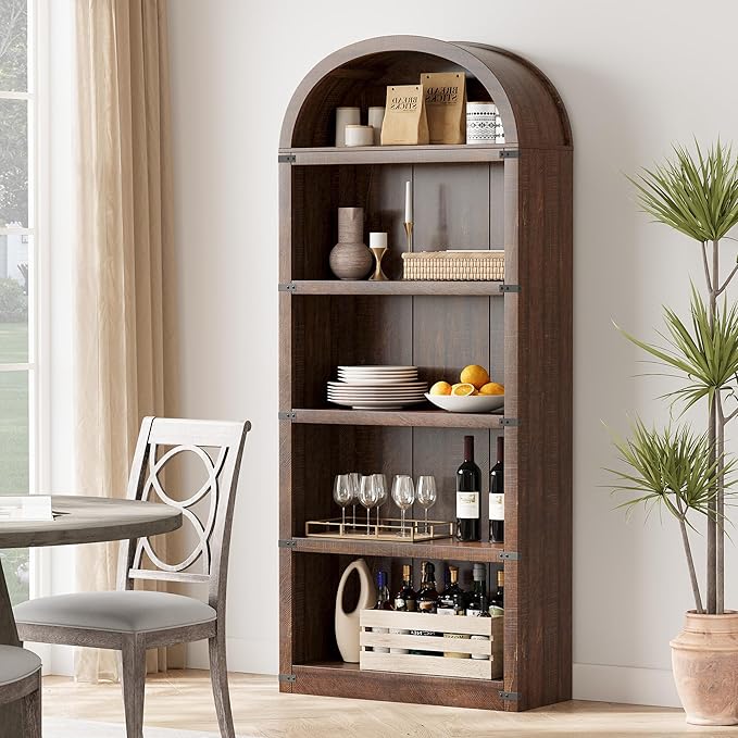 GarveeHome Bookcase 5 Shelf Arched Bookshelf 71.65in Tall Bookcase Farmhouse Display Storage Rack Wooden Bookshelves for Home Office, Living Room (Brown)