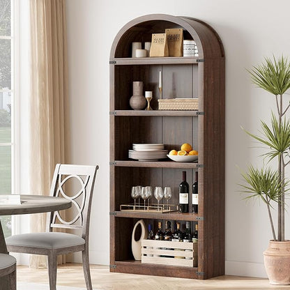 GarveeHome Bookcase 5 Shelf Arched Bookshelf 71.65in Tall Bookcase Farmhouse Display Storage Rack Wooden Bookshelves for Home Office, Living Room (Brown)