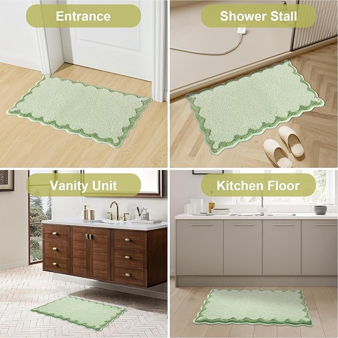 ORTIGIA Cute Green Scalloped Bath Mat, Fun Plush Microfiber Scallop Bathroom Rugs Non Slip Washable Quick Dry Absorbent, Bathmat Bath Rug for Shower Stall Vanities Kitchen Floor Entrance, 20x32