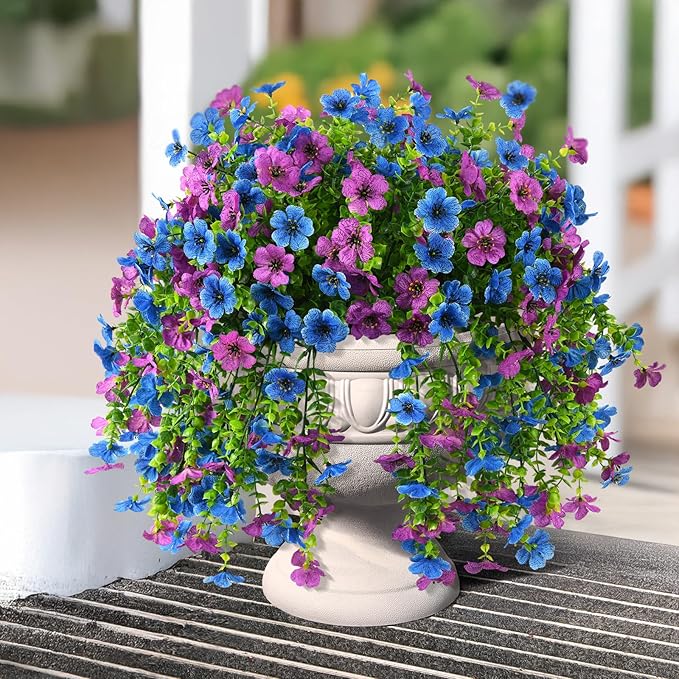 INQCMY 2Pcs Artificial Flowers for Outdoors UV Resistant Artificial Plants Easy Assembly for Spring Decor Look Real Faux Hanging Flowers for Outside Home Planter Porch Patio Decoror