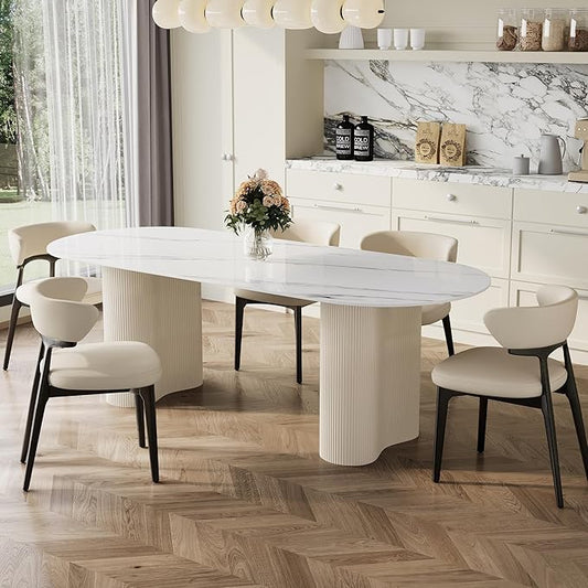 71" Modern Oval Dining Table for 6, Glossy White Sintered Stone Dining Tabletop with Dual-Pedestal, Easy Assembly Dining Room Table for Home Kitchen (Table Only)