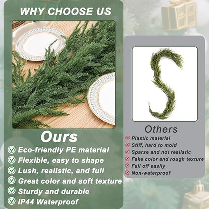 6.3 FT Christmas Garland Decorations, Artificial Norfolk Pine Garland, Realistic Greenery Garland for Staircase, Mantle, Banister, Fireplace, Wall, Door, Table, Indoor & Outdoor Holiday Xmas Decor