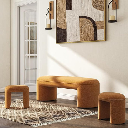 3-Piece Nesting Upholstered Bench with 2 Stools, 53" Chenille Accent Chair Waterfall Bench Modern End of Bed Entryway Bench Bedroom Bench for Living Room Vanity, Burnt Orange, No Need to Install