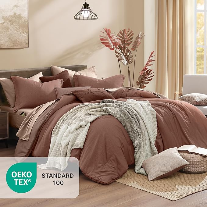 Monbix Full Size Comforter Set, Terracotta Bedding Comforter for Full Size Bed Set Reversible, Bedding Sets Full 7 Pieces, Cationic Dyeing Bed in a Bag with Comforter, Sheets, Pillowcases & Shams