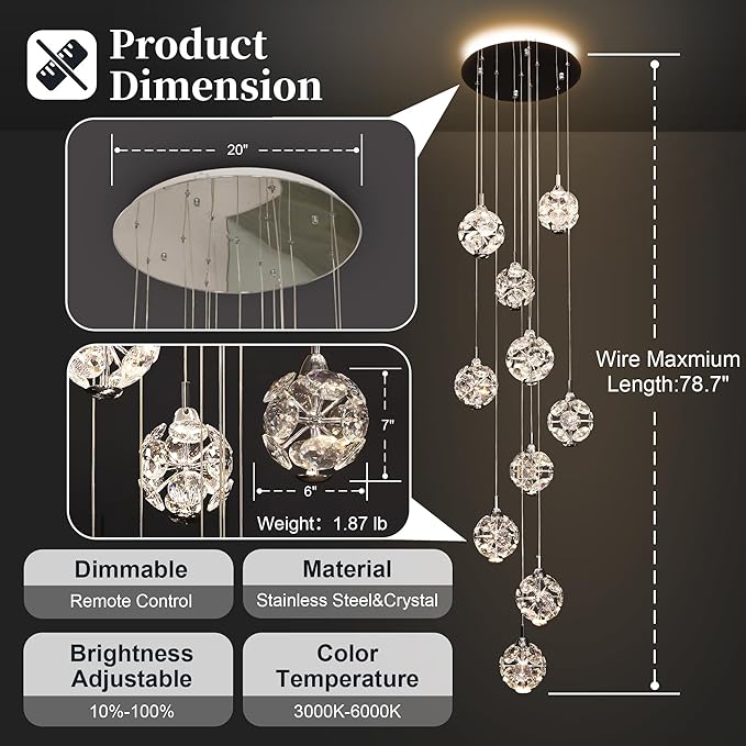 10-Light High Ceilings Long Chandeliers Modern Crystal Staircase Chandelier Hanging Lighting Fixtures for Spiral Staircase,Foyer,Entryway
