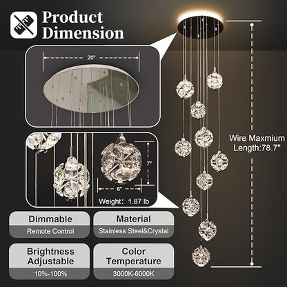 10-Light High Ceilings Long Chandeliers Modern Crystal Staircase Chandelier Hanging Lighting Fixtures for Spiral Staircase,Foyer,Entryway