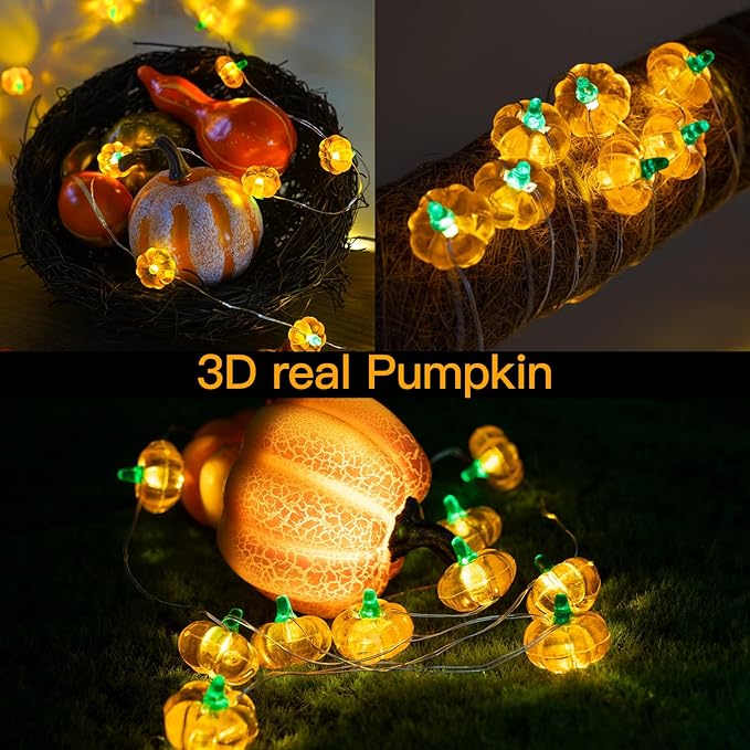 suddus 3D Pumpkin String Lights, 12.8ft 40 LED Fall Fairy Lights Battery Operated with Remote& 8 Modes & Timer, Waterproof Orange Lights for Indoor Outdoor Home, Party, Harvest Thanksgiving Décor