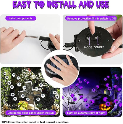 4 Pack Halloween Decorations Outdoor Waterproof, 24 LED Purple Solar Eyeball Lights, Swaying Firefly Light (Slow Glow or Steady on), for Garden Grave Yard Lawn Haunted House Decor