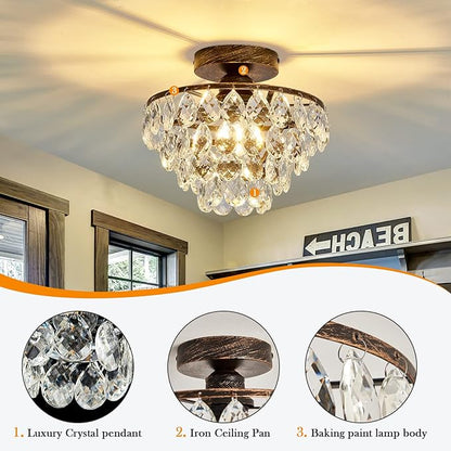 YYJLX Crystal Chandelier,Modern Semi Flush Mount Small Ceiling Light Oil Rubbed Bronze,Mini E26 Ceiling Lamp for Hallway Bedroom Bathroom Closet