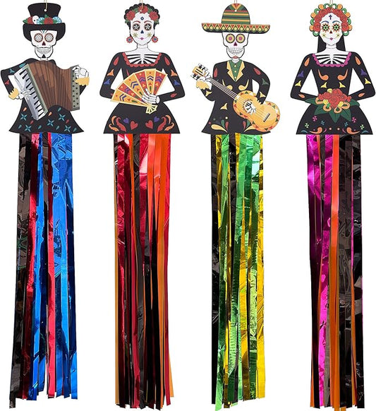 codree 4 PCS Day of The Dead Sugar Skull Hanging Decorations-27.5x5 Inch Dia De Los Muertos Hanging Decorations for Day of The Dead Halloween Party Home Outdoor Decor