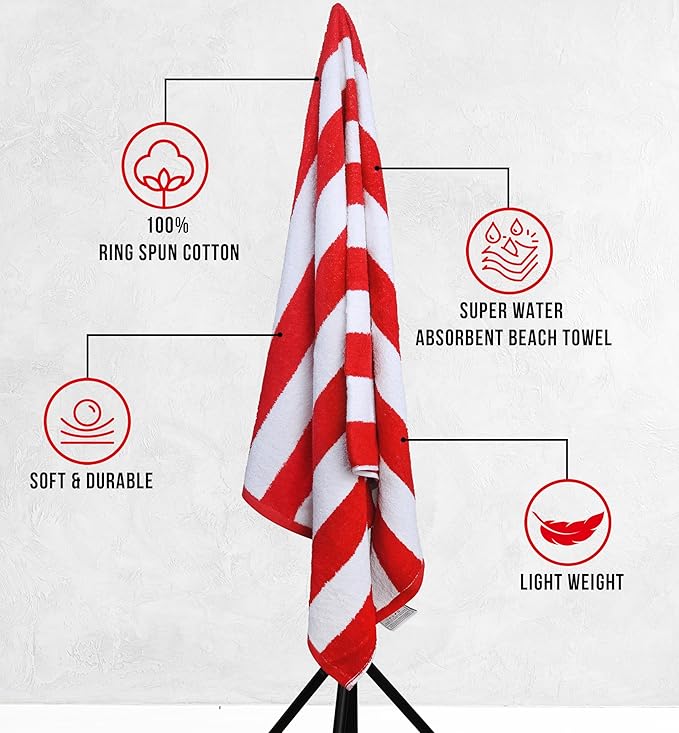 Utopia Towels 4 Pack Cabana Stripe Beach Towel Oversized 100% Ring Spun Cotton Beth Towels Highly Absorbent Quick Dry, Red