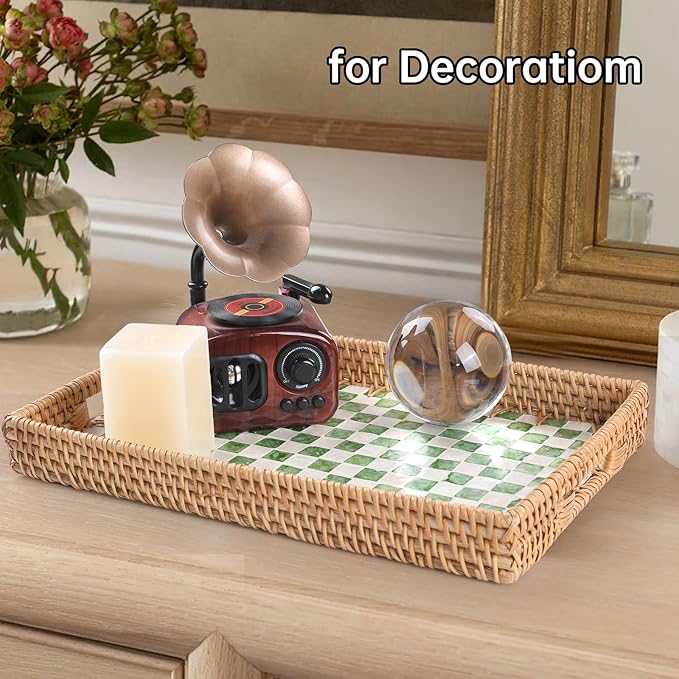 Rectangle Rattan Tray with Mother of Pearl Inlay, Rattan Serving Tray with Handle for Coffee, Bread, Fruits, Decorative Wicker Tray for Table Decor (Rectangle Green Checkerboard, 13"×9")