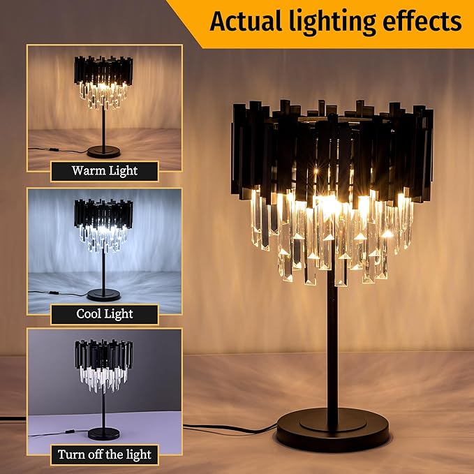 Wellmet Black Crystal Table Lamp,3 Lights Table Lamps for Bedroom,Black Bedside Nightstand Lamps for Living Room,Small Decorative Desk Lamp for Reading Room,Metal Base