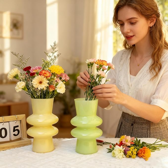 JSPYFITS Modern Glass Vases, 7.87" Tall Four-Layer Glass Vase Bubble Flower Vases Decorative for Home Décor, Decorative Milky Yellow Glasses Table Vase for Wedding Housewarming Gift