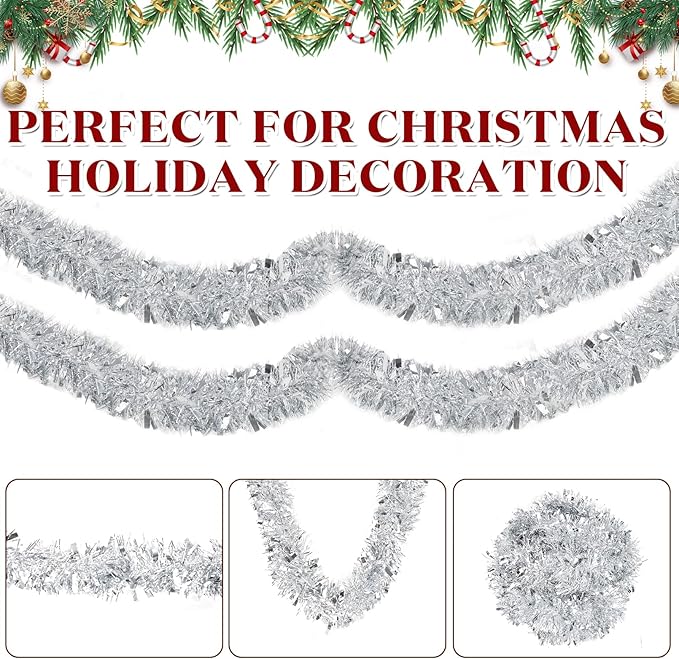 50Ft Christmas Tinsel Garland - Silver Shiny Metallic Twist Decor for Christmas Tree Home Stairs Railing Front Door Mantle Fireplace Indoor Outdoor Holiday Party