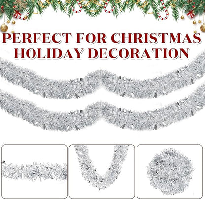 50Ft Christmas Tinsel Garland - Silver Shiny Metallic Twist Decor for Christmas Tree Home Stairs Railing Front Door Mantle Fireplace Indoor Outdoor Holiday Party