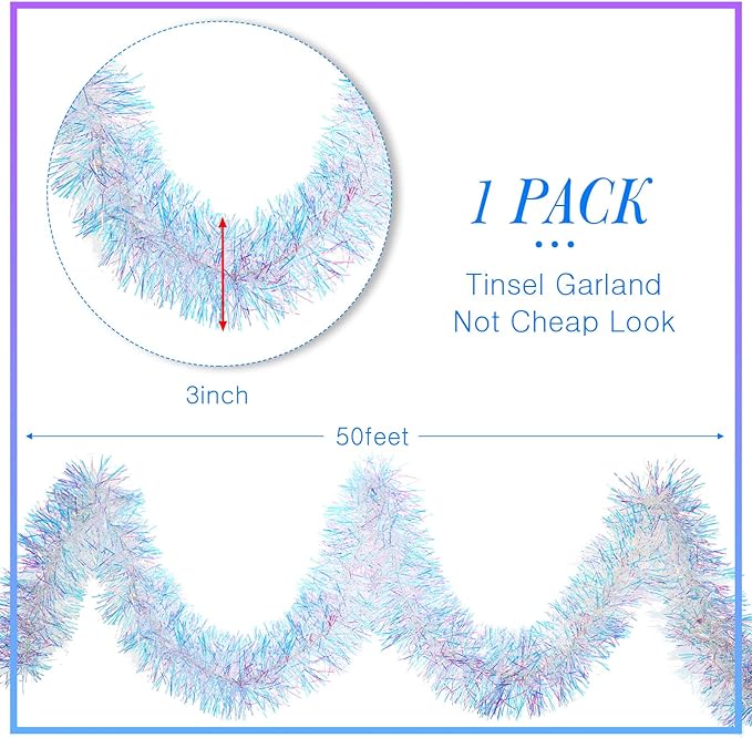 WILLBOND 50 ft Christmas Tinsel Garland Metallic Tinsel Twist Garland Christmas Tree Decorations New Year Wedding Birthday Hanging Decorations Party Supplies, 3 Inch(Iridescent)