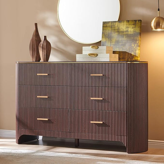 Fluted 6 Drawer Dresser for Bedroom with Curved Profile Design,53.9" W Chest of Drawers with Reeded Texture,Wide Storage Cabinet with Smooth-Glide Drawers,gold metal handle or Living Room,Brown Oak