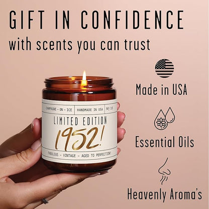 73rd Birthday Gifts for Women - 'Limited Edition 1952' Soy Candle, w/Champagne on Ice I 73 Birthday Gifts for Women I 73rd Birthday Gift for Her Ideas I 9oz Reusable Jar, 50Hr Burn, Made in USA