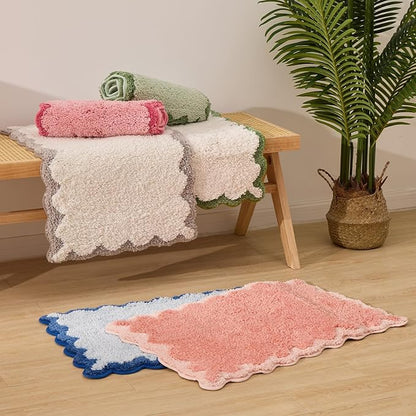ORTIGIA Cute Coral Pink Scalloped Bath Mat, Fun Plush Microfiber Scallop Bathroom Rugs Non Slip Washable Quick Dry Absorbent, Bath Rug Shower Stall Vanities Kitchen Floor Entrance, 20x32