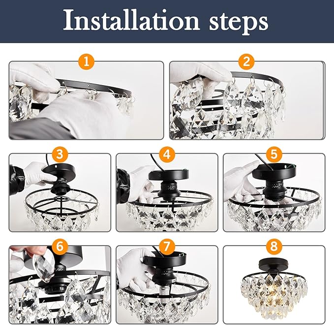 YYJLX Modern Small Crystal Ceiling Light Fixture Mini Black Semi Flush Mount Chandelier Light Fixture for Hallway Bedroom Bathroom Closet e26