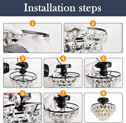 YYJLX Modern Small Crystal Ceiling Light Fixture Mini Black Semi Flush Mount Chandelier Light Fixture for Hallway Bedroom Bathroom Closet e26