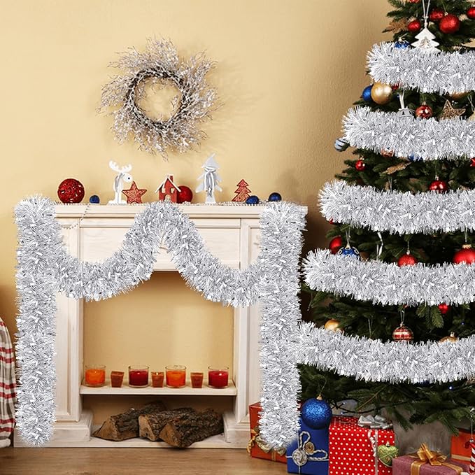 50 Feet Christmas Tinsel Garland Metallic Twist Shiny Garland for Xmas Christmas Tree Decorations,Holiday Home Party Supplies Indoor Outdoor Decor (Silver)