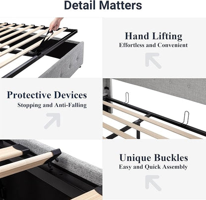 Allewie Queen Size Lift Up Storage Bed, Button Tufted Headboard with Wingback, Hydraulic Support, No Box Spring Needed, Light Grey