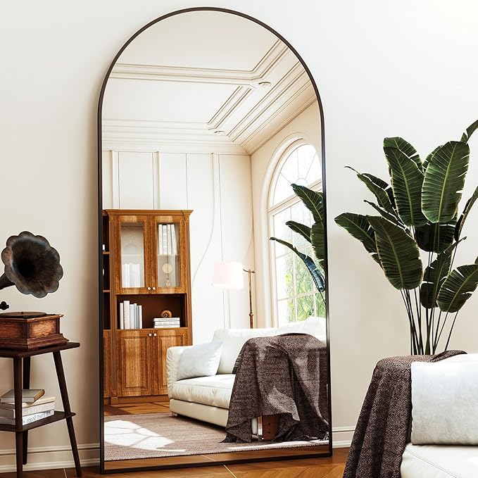 34x76 Arched Full Length Mirror Floor Mirrors with Aluminum Alloy Frame Free-Standing Wall Mounted Floor Mirrors or Large Dressing Mirror, Black Mirror Full Length