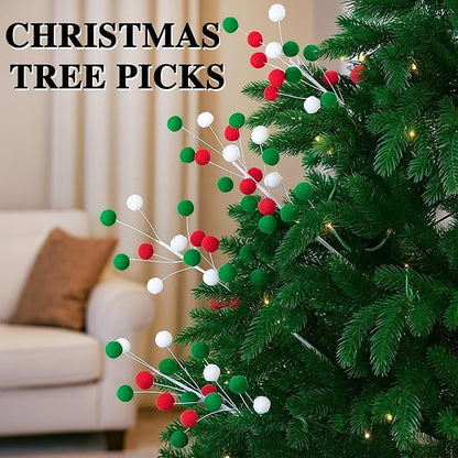 6 Pcs Pom Poms Christmas Decorations & Felt Christmas Picks and Sprays DIY Xmas Tree Toppers, Festive Tree Filler & Decor (Xmas Color)