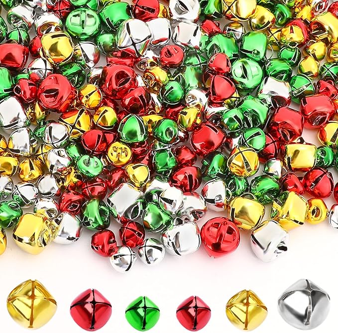 Augshy 240 Pieces Colorful Jingle Bells 4 Colors Mixed Craft Bell Bulk for Christmas Home and Pet Decorations Xmas Decor Party Favors Supplies (0.3/0.4/0.47 inch)