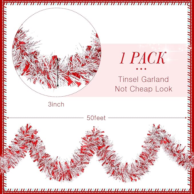 50 Feet Christmas Tinsel Garland Metallic Twist Garland Xmas Tree Decorations Wedding Birthday New Year Hanging Ornaments Party Supplies 3 Inch(Red, Silver, White)