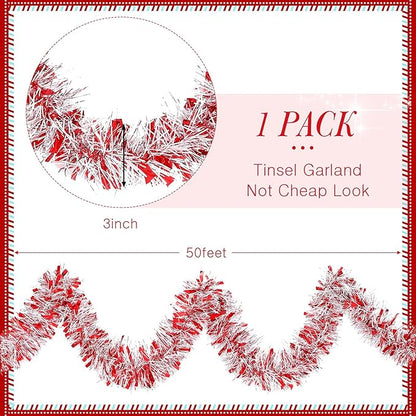 50 Feet Christmas Tinsel Garland Metallic Twist Garland Xmas Tree Decorations Wedding Birthday New Year Hanging Ornaments Party Supplies 3 Inch(Red, Silver, White)