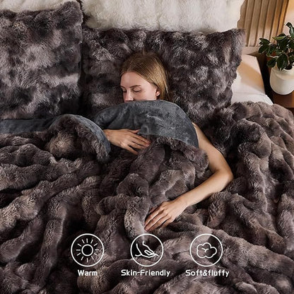 Lotus Karen Faux Fur King Comforter Set – Tie-Dye Dark Gray Fluffy Comforter King Size, Big Bubble Faux Rabbit Fur Bedding Comforter Sets, Cozy Fuzzy Bed Set 3 Pieces, 1 Comforter and 2 Pillowcases