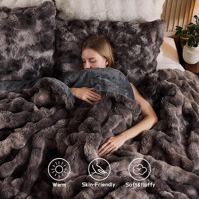 Lotus Karen Faux Fur Queen Comforter Set – Tie-Dye Dark Gray Fluffy Comforter Queen Size, Big Bubble Faux Rabbit Fur Bedding Comforter Sets, Cozy Fuzzy Bed Set 3 Pieces, 1 Comforter and 2 Pillowcases