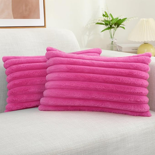 decorUhome Faux Fur Throw Pillow Covers 12x20 Set of 2, Decorative Soft Plush Striped Lumbar Neutral Euro Pillow Covers with Velvet Back for Bed, Living Room Home Decor, Hot Pink