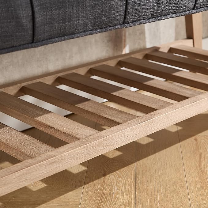 Farmhouse Storage Entryway Bench with Shoe Shelf, Linen Fabric Upholstered 2 Tier Button Tufted Bench with Wooden Frame for End of Bed/Hallway/Reception/Living Room, Charcoal