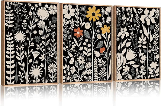 HOURIA Large Moody Boho Floral Framed Canvas Wall Art Set,Mid Century Black Flower Leaf Wall Decor,Retro Dark Wildflower Artwork,Minimalist Botanical Art Print for Living Room,Bedroom,Office-24"x36"x3
