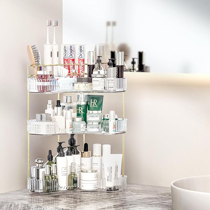 Makeup Organizer Countertop 3 Tier, Corner Bathroom Countertop Organizer with Toothbrush and Makeup Brush Holder, Corner Vanity for Skincare Organization