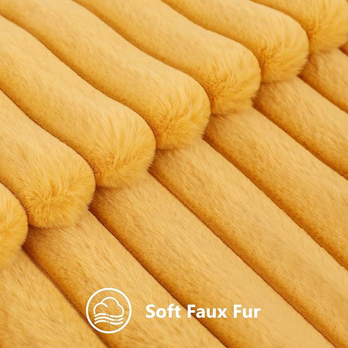 decorUhome Faux Fur Throw Pillow Covers 24x24 Set of 2, Decorative Soft Plush Striped Neutral Euro Pillow Covers with Velvet Back for Bed, Living Room Home Decor, Mustard Yellow